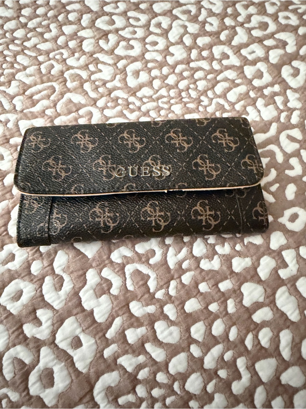 GUESS Brown Logo Print Fold-Over Wallet with Gold Logo